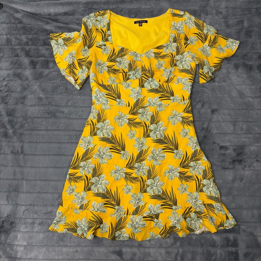 Skies Are Blue Yellow Tropical Floral Mini Dress Flutter Sleeve 97272DL Medium